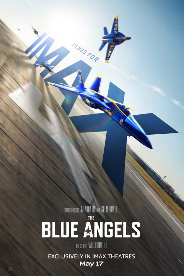 "The Blue Angels" film poster with the words "Filmed for IMAX" positioned diagonally on a paved runway and blue U.S. Navy jets flying from behind.